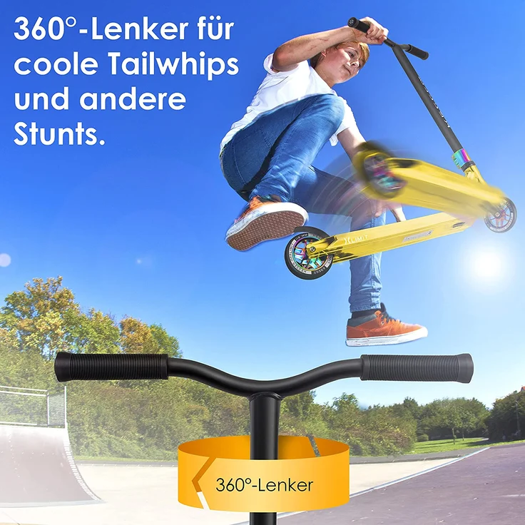 KESSER® Stunt Scooter X-Limit-Pro 360° Lenkung Funscooter Stuntscooter mit Ständer ABEC 9 Kugellagern, 110 mm PU Räder , Kickscooter Tretroller Cityroller Trick Roller für Kinder Erwachsene Chrome / Gold – Bild 7