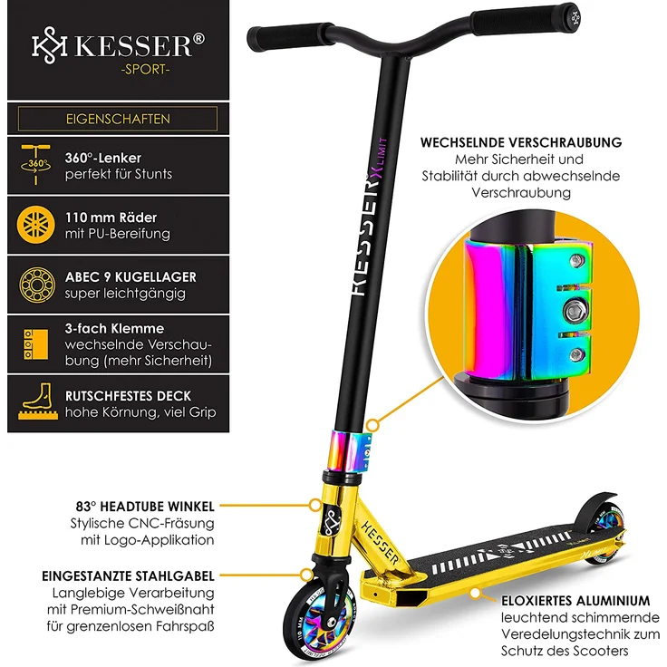 KESSER® Stunt Scooter X-Limit-Pro 360° Lenkung Funscooter Stuntscooter mit Ständer ABEC 9 Kugellagern, 110 mm PU Räder , Kickscooter Tretroller Cityroller Trick Roller für Kinder Erwachsene Chrome / Gold – Bild 4