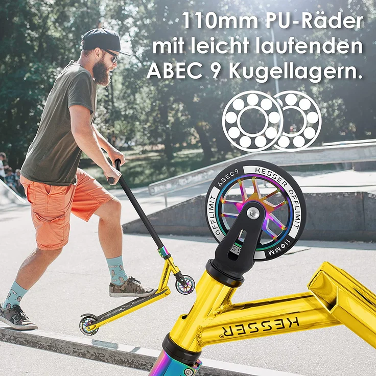 KESSER® Stunt Scooter X-Limit-Pro 360° Lenkung Funscooter Stuntscooter mit Ständer ABEC 9 Kugellagern, 110 mm PU Räder , Kickscooter Tretroller Cityroller Trick Roller für Kinder Erwachsene Chrome / Gold – Bild 5