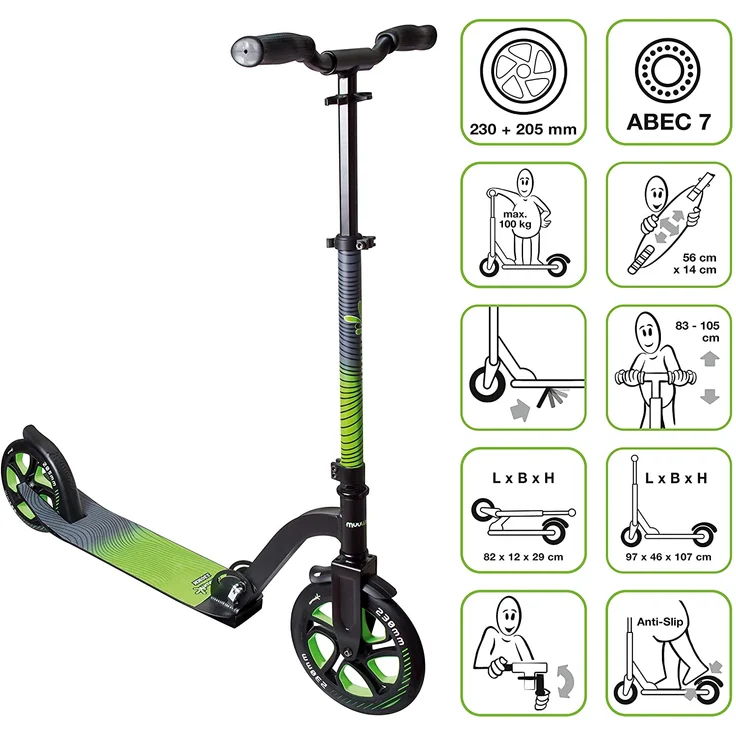 Muuwmi Unisex Jugend Aluminium Scooter Pro 230 mm, schwarz/grün, One Size – Bild 2