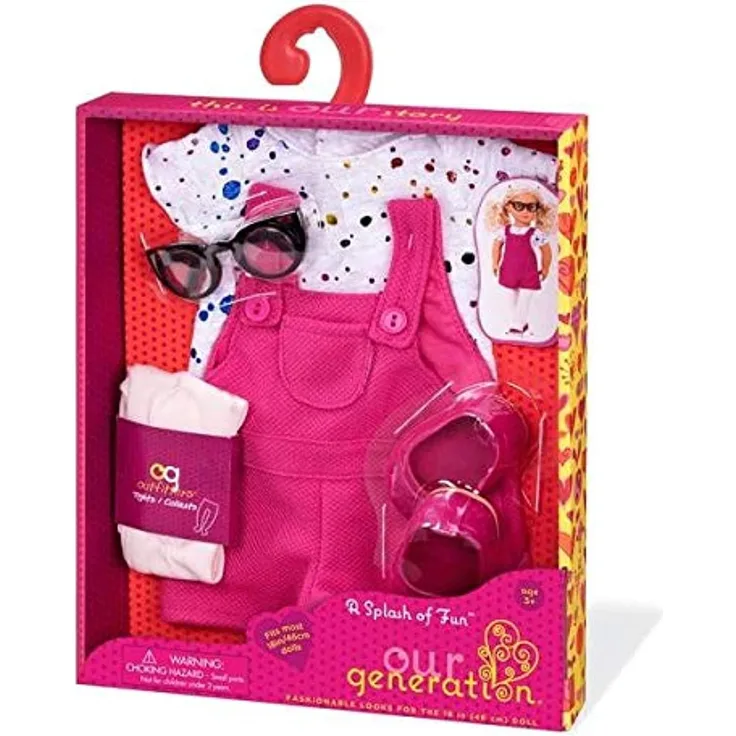 Our Generation 44955 Splash of Fun Outfit-Kurze Latzhose mit Shirt und Brille, bunt