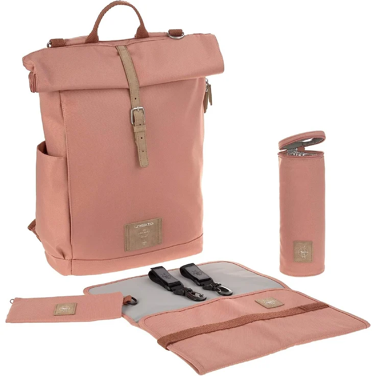 LÄSSIG Baby Wickelrucksack mit Wickelunterlage, Kinderwagenbefestigung, Flaschenwärmer wasserabweisend nachhaltig produziert/Rolltop Backpack cinnamon – Bild 1