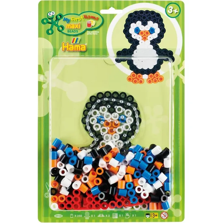 Hama Perlen 8938 Set Pinguin mit ca. 250 bunten Maxi Bügelperlen mit Durchmesser 10 mm, Stiftplatte in transparent, inkl. Bügelpapier, kreativer Bastelspaß für Groß und Klein