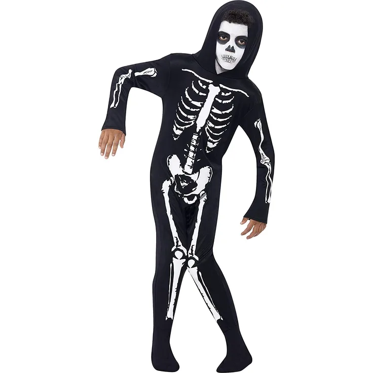 Halloween! Smiffys Kostüm Skelett, Schwarz, mit Kapuzenoverall