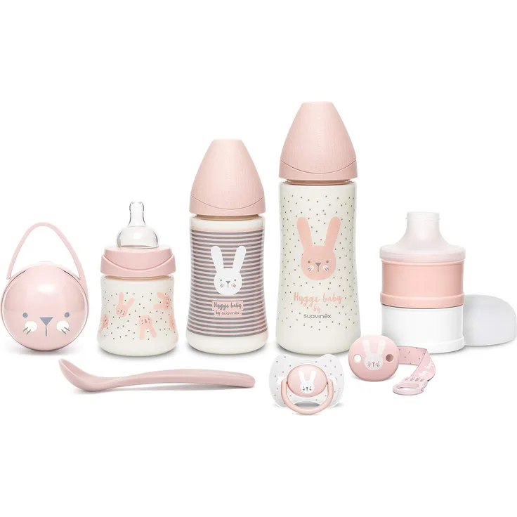SUAVINEX Premium-Set für das Neugeborene Babyflasche 150 ml + 270 ml + 360 ml + Milchdosierer + Schnuller physiologischer Silikon-Sauger für Babys -2-4 Monate + Schnullerkette + Löffel, Farbe rosa