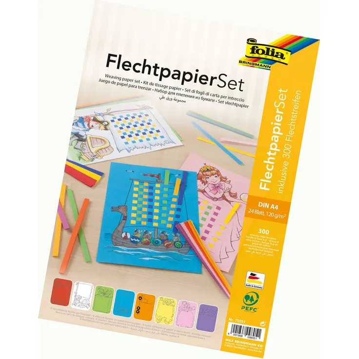 folia 70251 - Flechtpapier Set, 24 Flechtbögen DIN A4, inklusive 300 Flechtstreifen, 8 farbig sortiert