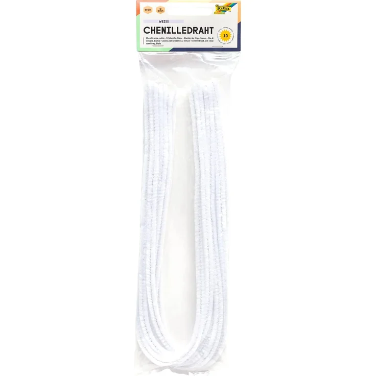 folia 77800 - Chenilledraht, Pfeifenputzer, 10 Stück in weiß, Durchmesser 8 mm und 50 cm lang, ideal für Kinder zum Basteln und Gestalten von Tieren, Figuren und anderen Formen – Bild 1
