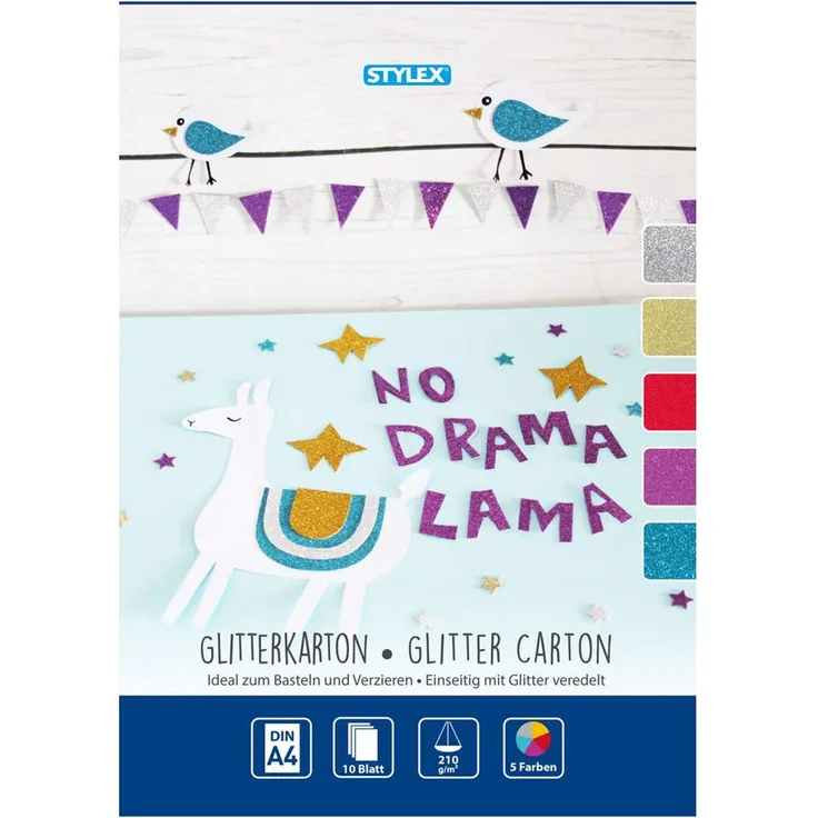 Stylex 46719 - Glitzerkarton, einseitig mit Glitzer veredelter Karton, DIN A4, 10 Blatt 210 g/m², sortiert in 5 Farben, ideal zum Basteln und Verzieren