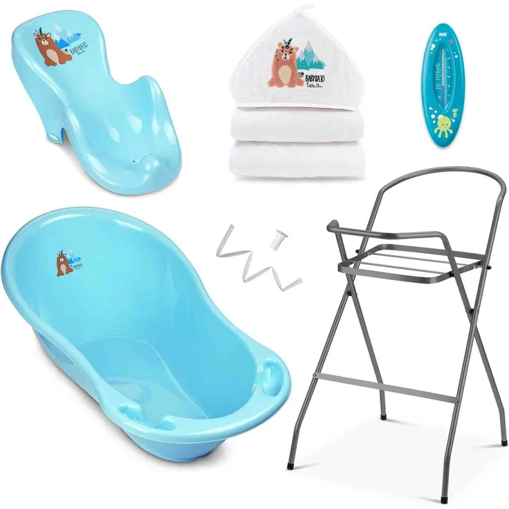 Babybadewanne mit Gestell, Bade Sitz, Kapuzenhandtuch, Thermometer und Abfluss – 6-teiliges Baby Wannen Set aus BPA freiem Plastik – Set für Neugeborene