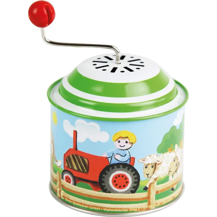Bolz 52760 Musikdrehdose Bauernhof, Musikdose ca. 10,5 x 7,5 cm, Blechdrehdose mit Melodie Old Mc Donald Has a Farm, Drehdose aus Metall, Drehorgel für Kinder ab 18 Monate, Motiv Orgel, bunt