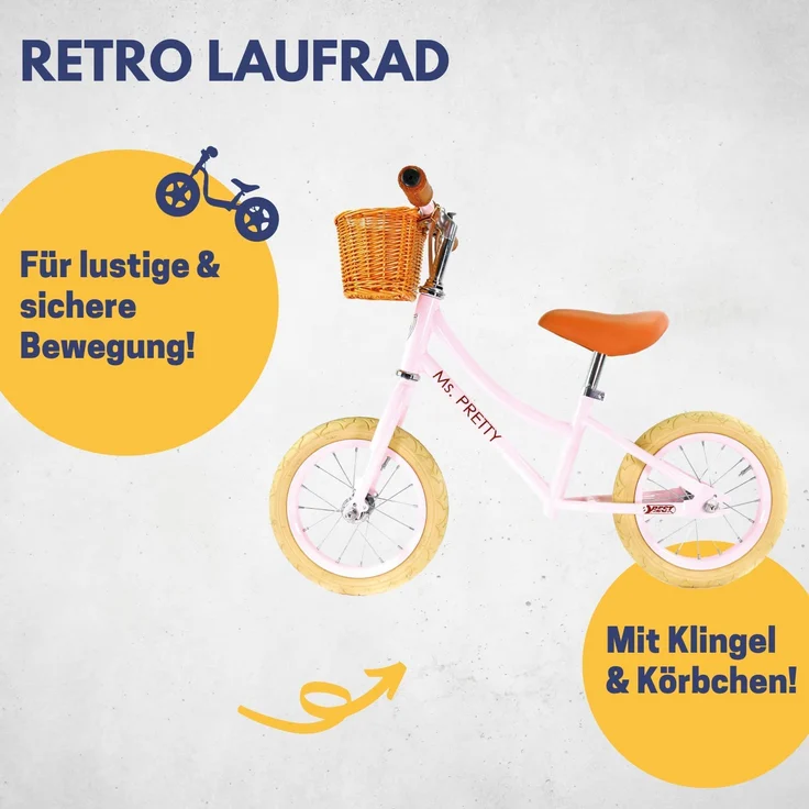 Best Sporting Laufrad Retro für Kinder ab 3 Jahren, mit Klingel und Korb, 12 Zoll Räder rosé – Bild 2
