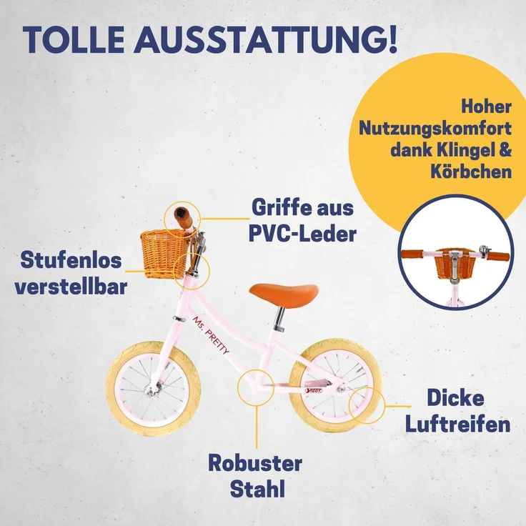 Best Sporting Laufrad Retro für Kinder ab 3 Jahren, mit Klingel und Korb, 12 Zoll Räder rosé – Bild 3