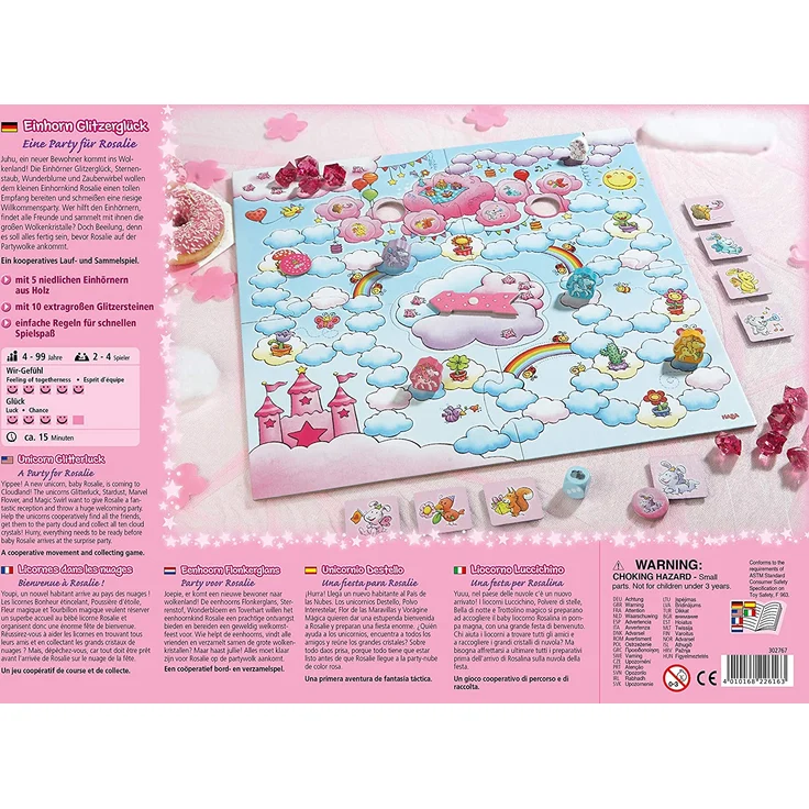 Haba 302767 Einhorn Glitzerglück - eine Party für Rosalie,  bezauberndes kooperatives Lauf- und Sammelspiel für 2 - 4 Spieler von 4 - 99 Jahren, mit einfachen Regeln für schnellen Spielspaß – Bild 4
