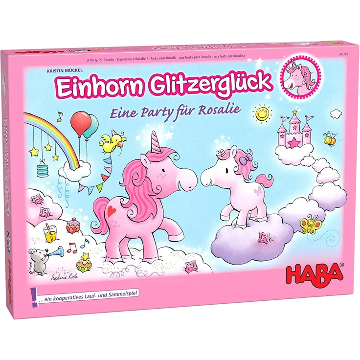 Haba 302767 Einhorn Glitzerglück - eine Party für Rosalie,  bezauberndes kooperatives Lauf- und Sammelspiel für 2 - 4 Spieler von 4 - 99 Jahren, mit einfachen Regeln für schnellen Spielspaß