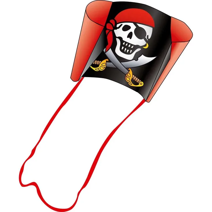 HQ 100083 - Sleddy Jolly Roger Kinderdrachen Einleiner, ab 5 Jahren, 50x76cm und 1.9m Drachenschwanz, inkl. 17kp Polyesterschnur 40m auf Spule, 2-6 Beaufort