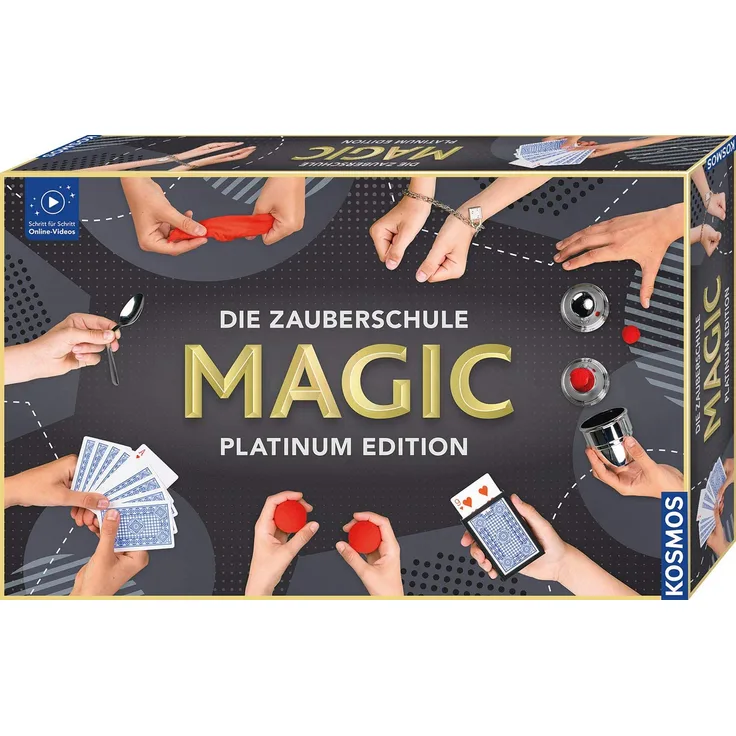 KOSMOS Die Zauberschule MAGIC Platinum Edition, 180 Zauber-Tricks, viele magische Zauber-Utensilien, Zauberkasten für Kinder ab 8 Jahre, bebilderte Anleitung, Online-Erklär-Videos. für alle Level