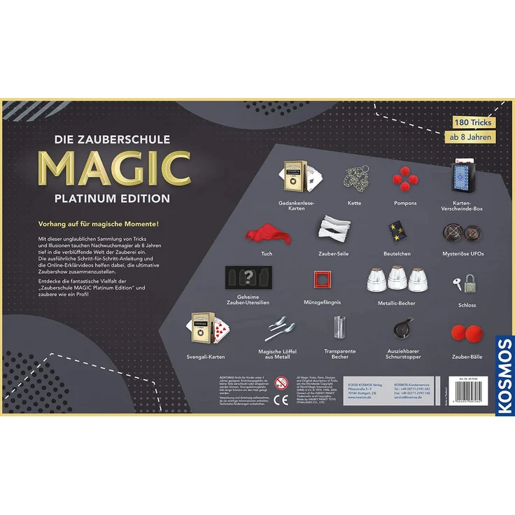 KOSMOS Die Zauberschule MAGIC Platinum Edition, 180 Zauber-Tricks, viele magische Zauber-Utensilien, Zauberkasten für Kinder ab 8 Jahre, bebilderte Anleitung, Online-Erklär-Videos. für alle Level – Bild 2