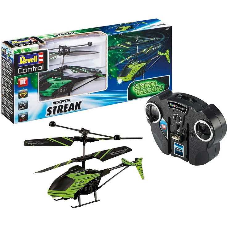 Revell Control 23829 RC Helicopter Streak, Hubschrauber mit 2-Kanal IR-Fernsteuerung, Indoor, mit Glow-in-The-Dark Effekt Ferngesteuerter Heli, Grün/Schwarz – Bild 1