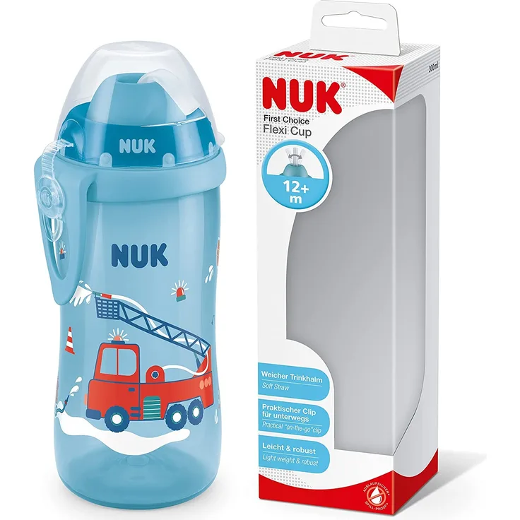 NUK First Choice+ Flexi Cup Trinklernflasche | ab 12 Monaten | auslaufsicher mit Trinkhalm | Clip und Schutzkappe | BPA-frei | 300 ml | Feuerwehrauto (blau)