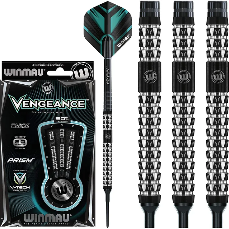 WINMAU Vengeance 18g Fassgewicht, 20g Gesamtgewicht Profi Wolfram Softip Dartpfeile mit Flights und Schäfte