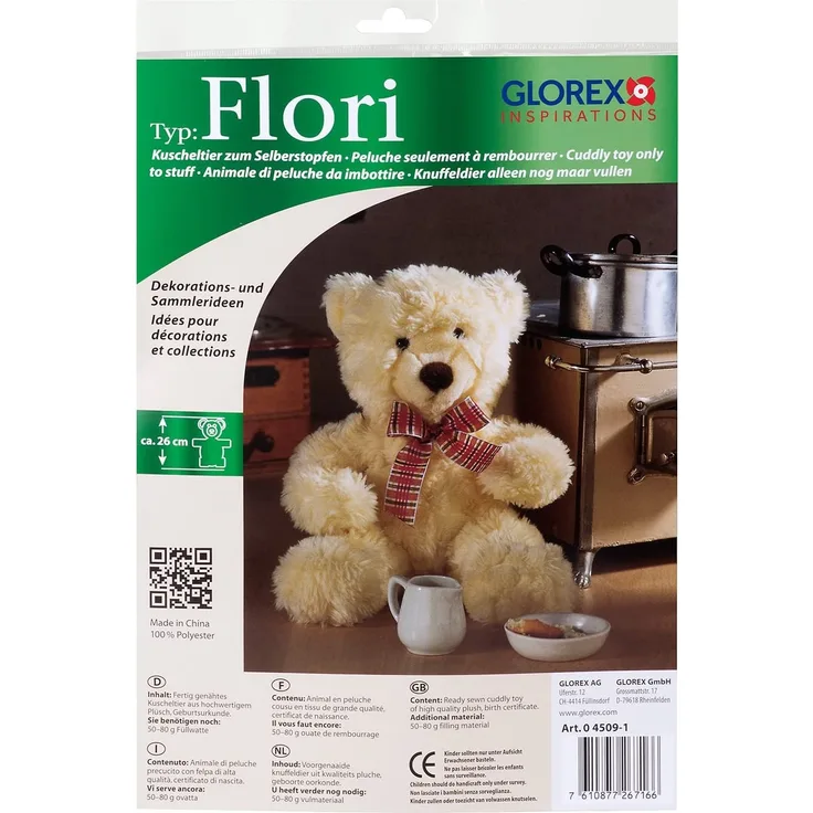 GLOREX 0 4509-1 - Kuscheltier zum Selberstopfen Teddy Flori, ca. 26 cm groß, aus hochwertigem Plüsch genäht, muss nur noch befüllt werden, mit Geburtsurkunde