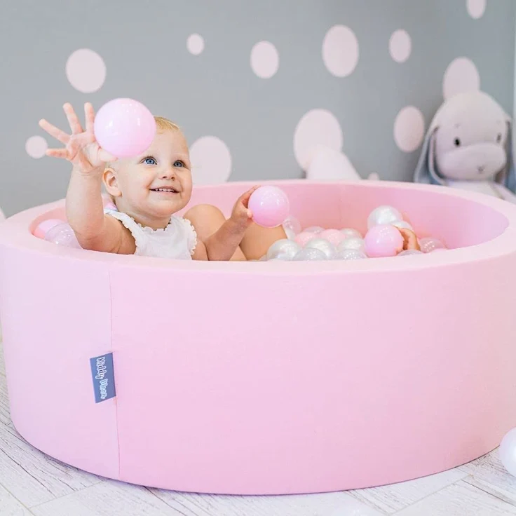 KiddyMoon Bällebad 90X30cm/200 Bälle ∅ 7Cm Bällepool Mit Bunten Bällen Für Babys Kinder Rund, Hellpink:Weiß/Grau/Rosa – Bild 3