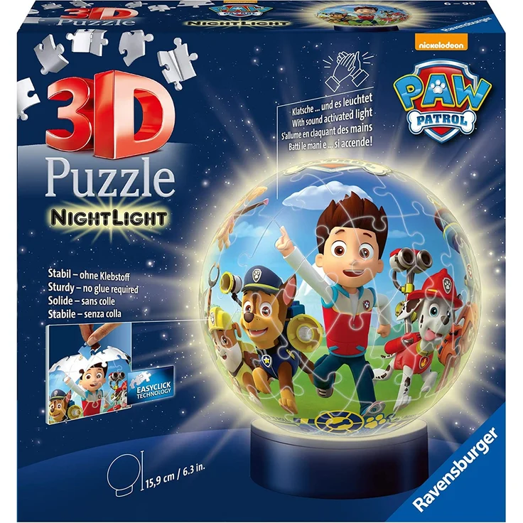 Ravensburger 3D Puzzle Nachtlicht Paw Patrol - Puzzleball für Kinder ab 6 Jahren, LED Nachttischlampe mit Klatsch-Mechanismus, Schlummerlicht – Bild 1