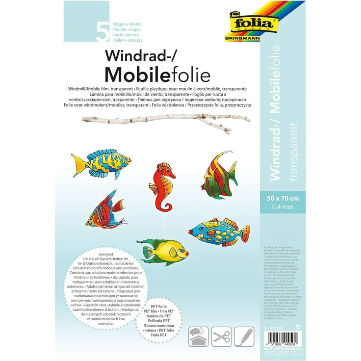 folia 440500 - Mobilefolie, Windradfolie, PVC, transparent, 0,4 mm, 50 x 70 cm, 5 Bogen - zum Basteln von Mobiles oder Windrädern