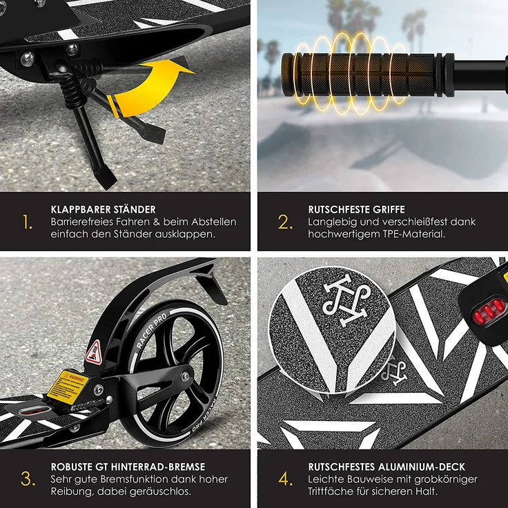 KESSER® Cityroller Scooter 205mm Räder PU Big Wheel - Pro-S Tretroller mit Doppel Federung, City-Roller Scooter klappbar und Höhenverstellbar, Roller Kickscooter für Erwachsene und Kinder Carbon – Bild 3