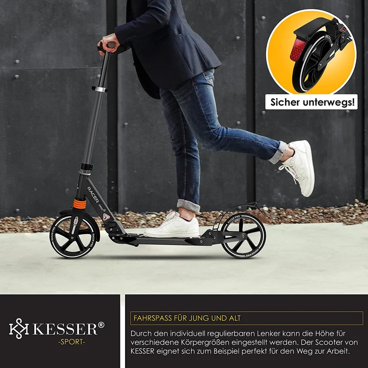 KESSER® Cityroller Scooter 205mm Räder PU Big Wheel - Pro-S Tretroller mit Doppel Federung, City-Roller Scooter klappbar und Höhenverstellbar, Roller Kickscooter für Erwachsene und Kinder Carbon – Bild 4