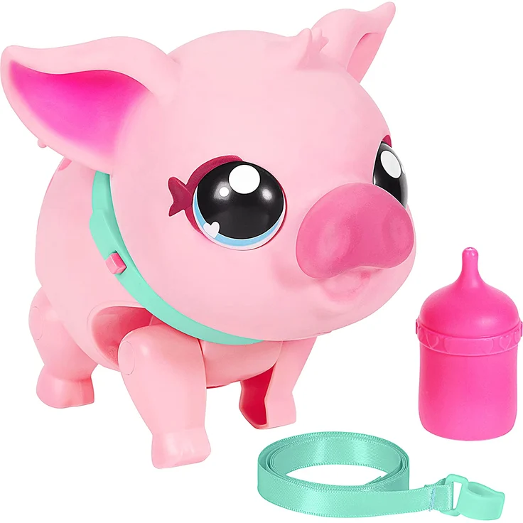 Little Live Pets 26366 My Pet Pig Piggly, weiches, interaktives rosa Schweinchen, das Laufen, tanzen und schnüffeln kann, über 25 Geräusche und Reaktionen, inklusive Futterflasche und Leine – Bild 1