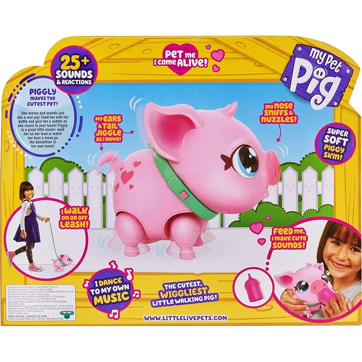 Little Live Pets 26366 My Pet Pig Piggly, weiches, interaktives rosa Schweinchen, das Laufen, tanzen und schnüffeln kann, über 25 Geräusche und Reaktionen, inklusive Futterflasche und Leine – Bild 3