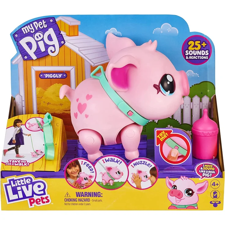Little Live Pets 26366 My Pet Pig Piggly, weiches, interaktives rosa Schweinchen, das Laufen, tanzen und schnüffeln kann, über 25 Geräusche und Reaktionen, inklusive Futterflasche und Leine – Bild 2