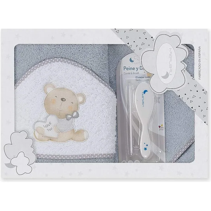 Interbaby P1177-31 Baby Kapuzenbadetuch LOVE YOU grau, mit Kamm und Bürste, grau