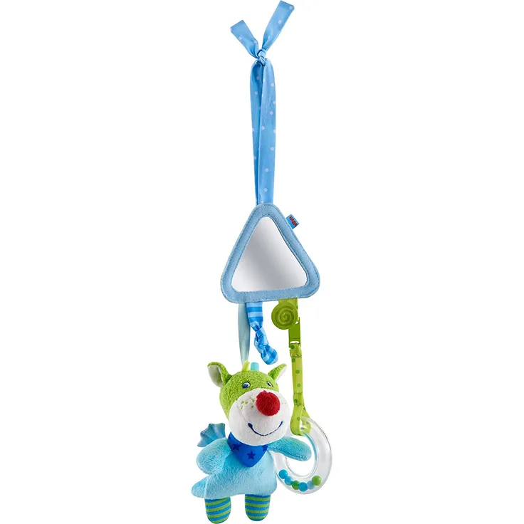 HABA 303876 - Spielfigur Drache Duri | Baby-Spielzeug zum Festbinden mit Kuscheltier, Spiegel und Rassel | Ab 6 Monaten