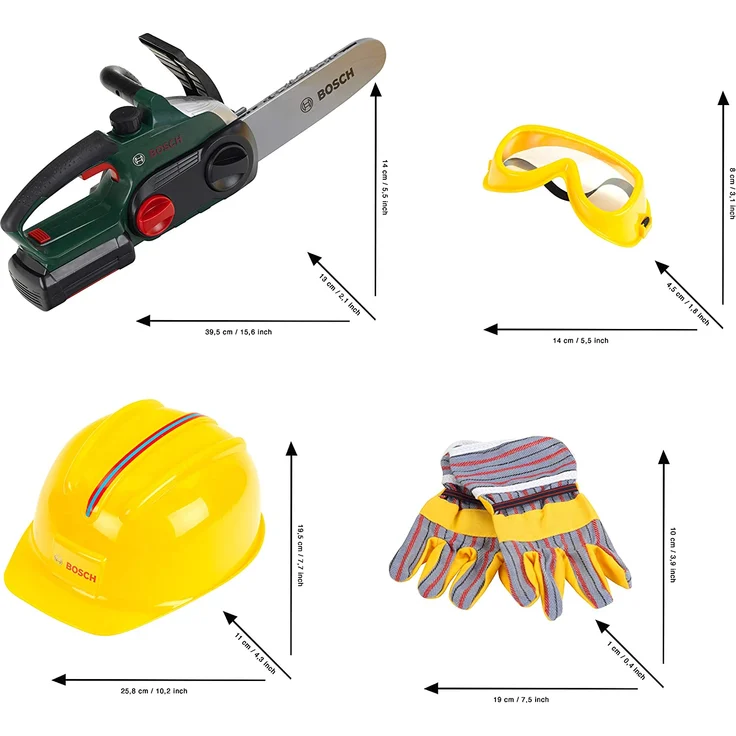 Theo Klein 8532 Bosch Kettensäge mit Zubehör I Batteriebetriebene Säge mit Sound- und Lichtfunktion I Inklusive Handschuhe, Ohrenschützer, Arbeitsbrille und Helm - Preisvergleich – Bild 9