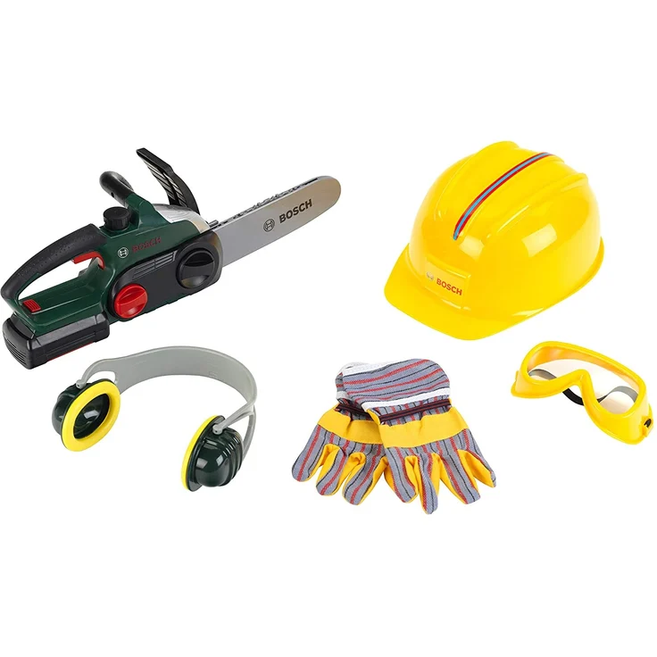 Theo Klein 8532 Bosch Kettensäge mit Zubehör I Batteriebetriebene Säge mit Sound- und Lichtfunktion I Inklusive Handschuhe, Ohrenschützer, Arbeitsbrille und Helm - Preisvergleich – Bild 1