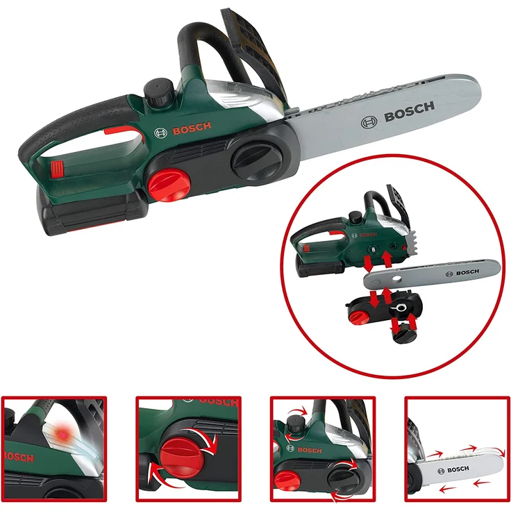 Theo Klein 8532 Bosch Kettensäge mit Zubehör I Batteriebetriebene Säge mit Sound- und Lichtfunktion I Inklusive Handschuhe, Ohrenschützer, Arbeitsbrille und Helm - Preisvergleich – Bild 3