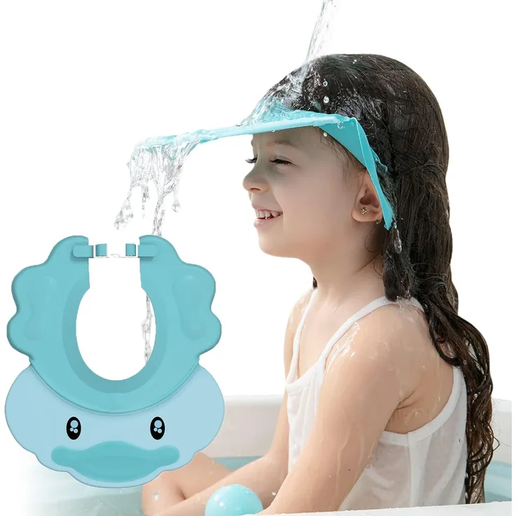 Duschhaube Kinder, Baby Verstellbarer Shampoo Schutz, Shampoo Bade Bad SchüTzen Weiche Kappe Hut, Kappe Wasserdicht Cap für Mehr als 6 Monate(Kopfumfang über 38cm) Blau