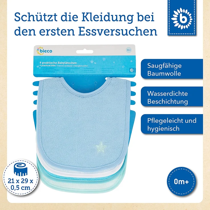 Bieco Baby Lätzchen, 4er Pack mit Klettverschluss in tollen Farben für Junge und Mädchen, Klettverschluss und doppelseitig mit außen Baumwolle, abwaschbar und wasserdicht, Kinderlätzchen – Bild 2