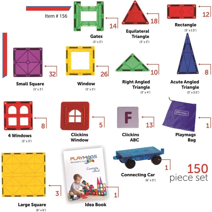 Playmags 150-teiliges Mega-Set: Jetzt mit stärkeren Magneten, robust, super haltbar mit klaren, klaren Farbfliesen. 18-teiliges Clickins-Zubehör zur Steigerung Ihrer Kreativität – Bild 2