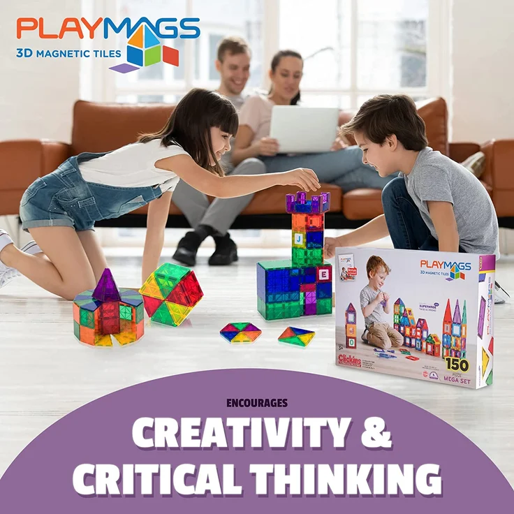 Playmags 150-teiliges Mega-Set: Jetzt mit stärkeren Magneten, robust, super haltbar mit klaren, klaren Farbfliesen. 18-teiliges Clickins-Zubehör zur Steigerung Ihrer Kreativität – Bild 6