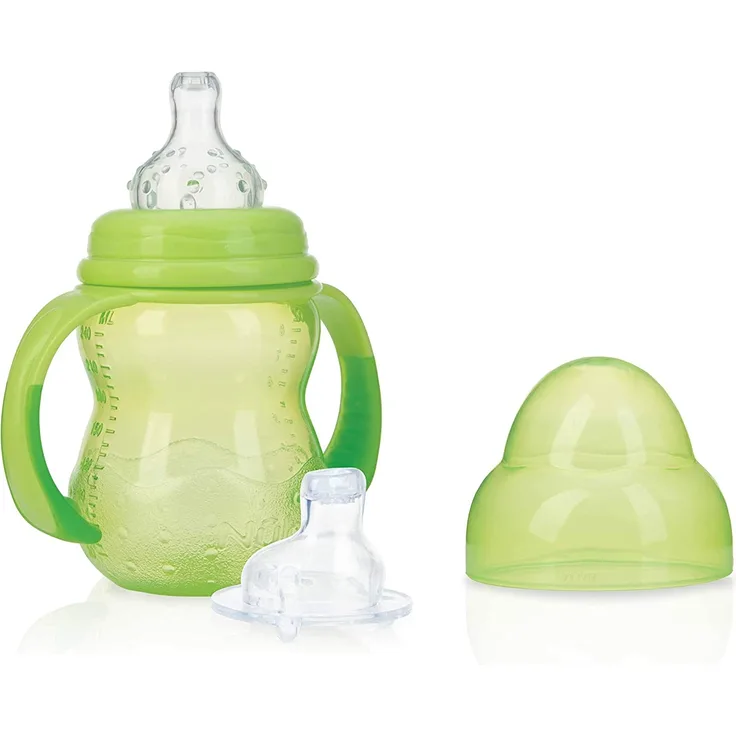 Nuby ID1107GREEN Nûby - Trinklerntasse mit 2 Aufsätzen - Non Drip Sauger und No-spill Trinktülle - 240 ml - 0M+, Grün
