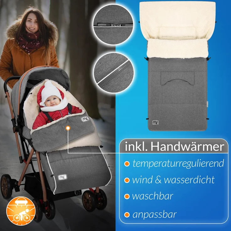 Monzana Babyfußsack Handwärmer Wetterfest Reflektoren-Streifen Reißverschluss abnehmbares Fußteil Waschbar Kinderwagen Winter Fußsack 90x60 cm – Bild 2