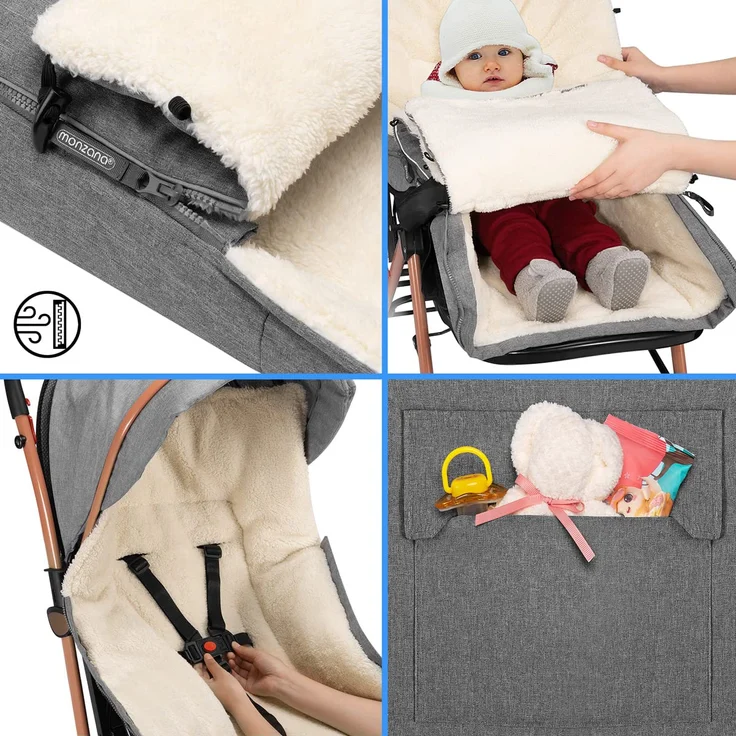 Monzana Babyfußsack Handwärmer Wetterfest Reflektoren-Streifen Reißverschluss abnehmbares Fußteil Waschbar Kinderwagen Winter Fußsack 90x60 cm – Bild 4