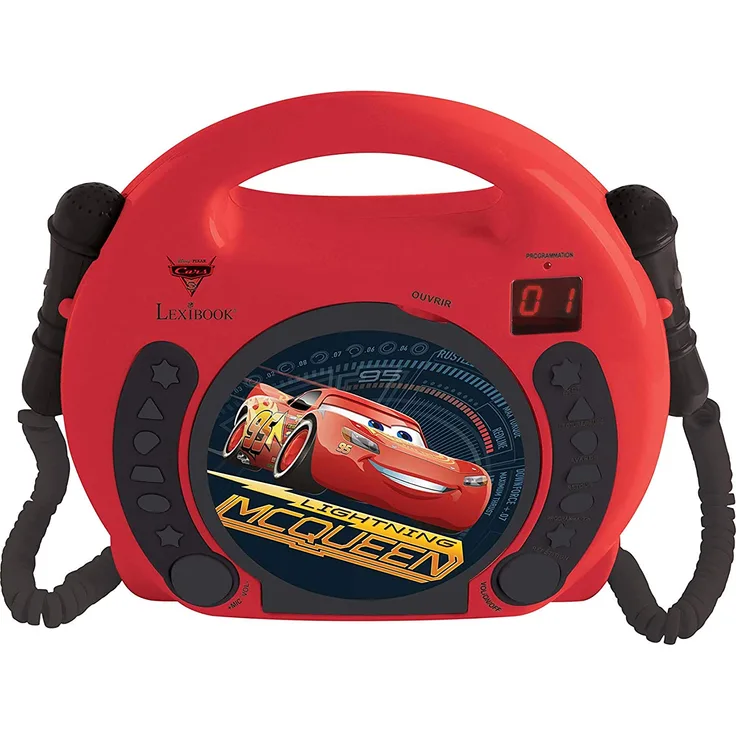 Lexibook Disney Pixar Cars Lightning McQueen CD-Player mit 2 Spielzeug-Mikrophonen, Kopfhöreranschluss, Batteriebetrieben,Rot / Schwarz, RCDK100DC