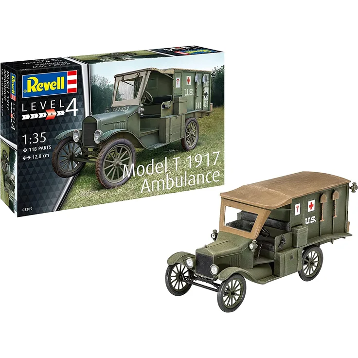 Revell REV-03285 Autobausatz Model T 1917 Ambulance, 1:35/12,8cm Toys, unlackiert, 1/35