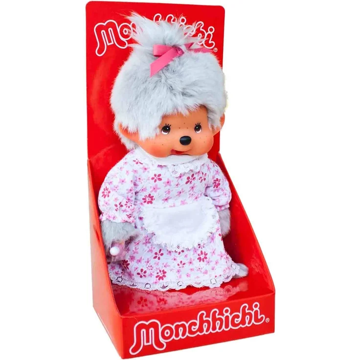Sekiguchi 233150 - Original Monchhichi Großmutter, aus grauem Plüsch, mit Kleid und Zopf mit Schleife, ca. 20 cm – Bild 1