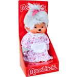 Sekiguchi 233150 - Original Monchhichi Großmutter, aus grauem Plüsch, mit Kleid und Zopf mit Schleife, ca. 20 cm
