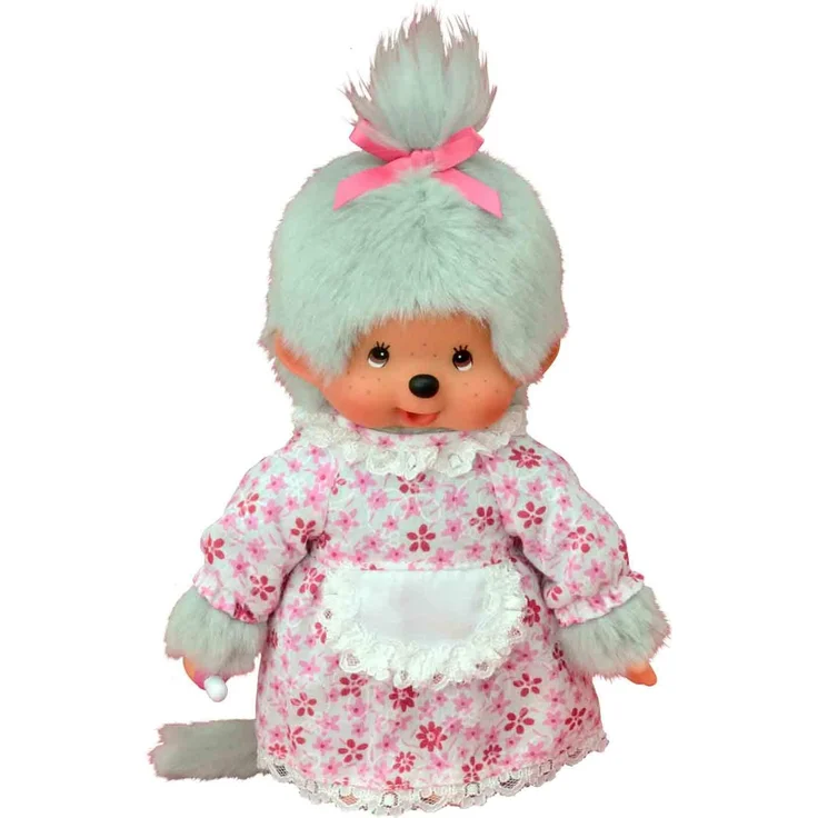 Sekiguchi 233150 - Original Monchhichi Großmutter, aus grauem Plüsch, mit Kleid und Zopf mit Schleife, ca. 20 cm – Bild 2